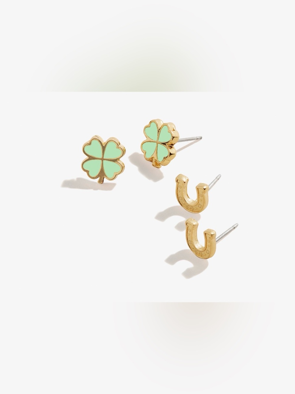 Alex and Ani Gold Horseshoe and Mint Clover Stud Earrings Set